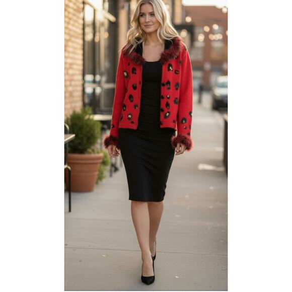 Berek Vintage Animal Print Red Cardigan Furry Accents size S - Picture 10 of 11